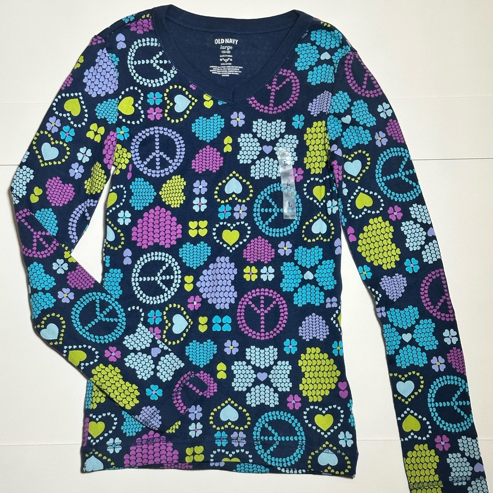 NWOT Old Navy Girl’s Peace and Hearts Long Sleeve Tee Size Large (10-12)